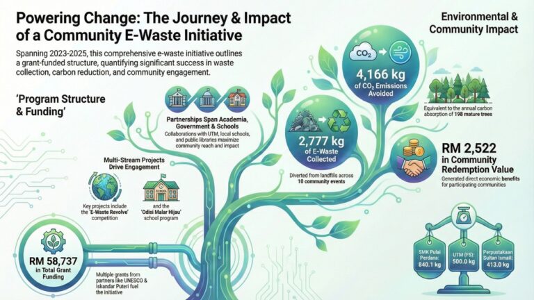Infographic showing the journey and impact of a community based e waste initiative from 2023 to 2025 highlighting grant funded collaboration systematic e waste collection knowledge transfer and sustainability programs.