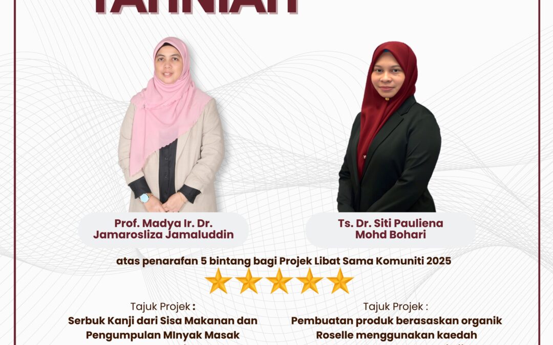 Tahniah diucapkan kepada Prof. Madya Ir. Dr. Jamarosliza Jamaluddin dan Ts. Dr. Siti Pauliena Mohd Bohari