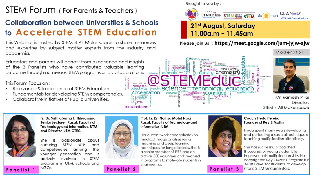 EVENT ANNOUNCEMENT: STEM Webinar – Collaboration between Universities & Schools to Accelerate STEM Education on 21 Aug 2021, Saturday 11.00am ~ 11.45am.